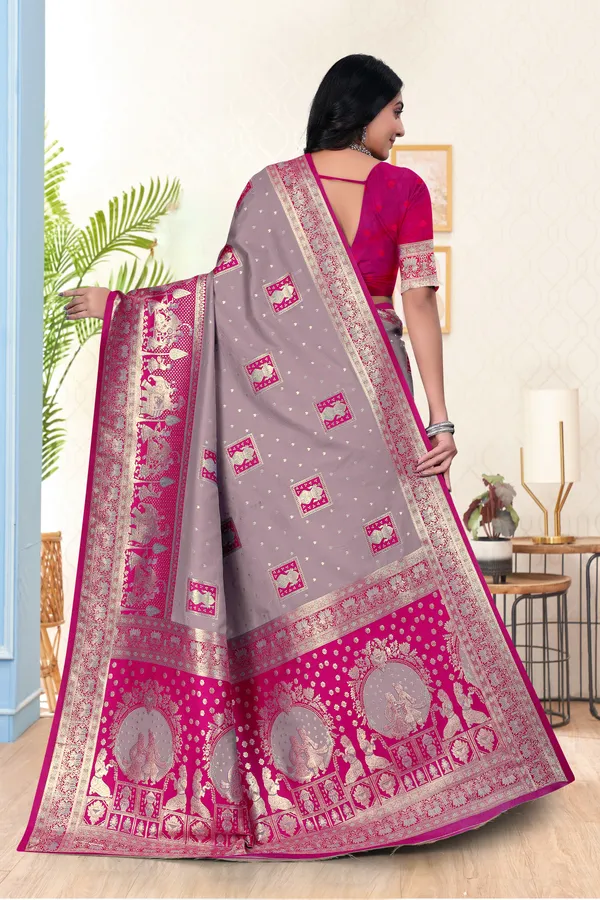 Grey_And_Pink_Banarasi_Silk_Saree_With_Zari_Work