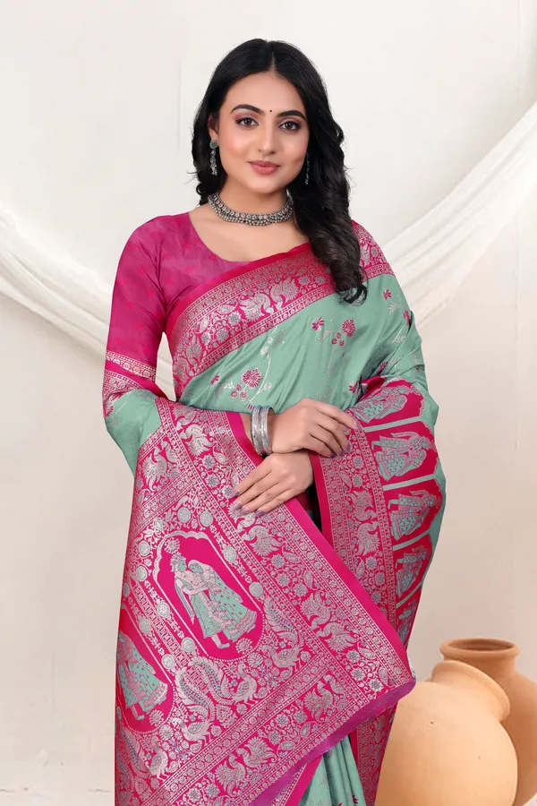 Mint_Green_Banarasi_Silk_Saree_With_Pink_Zari_Border