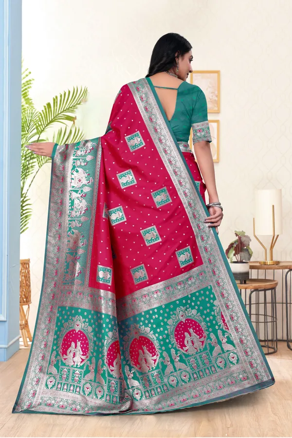 Traditional_Banarasi_Silk_Saree_With_Woven_Border_And_Pallu_-_Magenta_And_Teal_Green