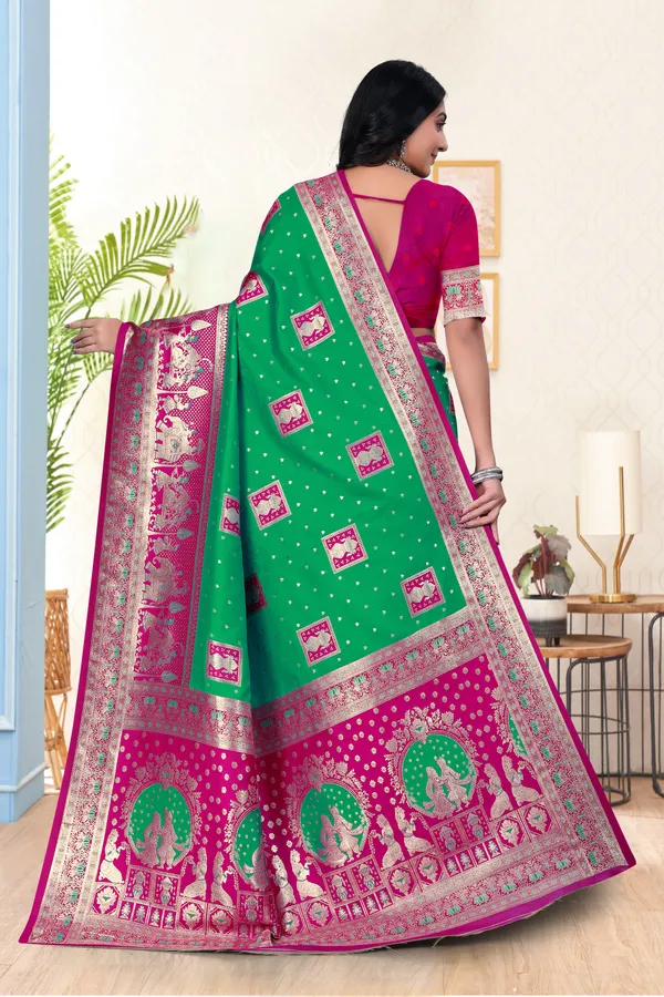 Green_Banarasi_Silk_Saree_With_Pink_Zari_Border_And_Peacock_Motifs