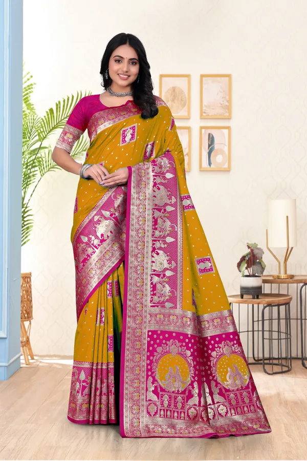 Yellow_And_Pink_Banarasi_Silk_Saree_With_Zari_Work