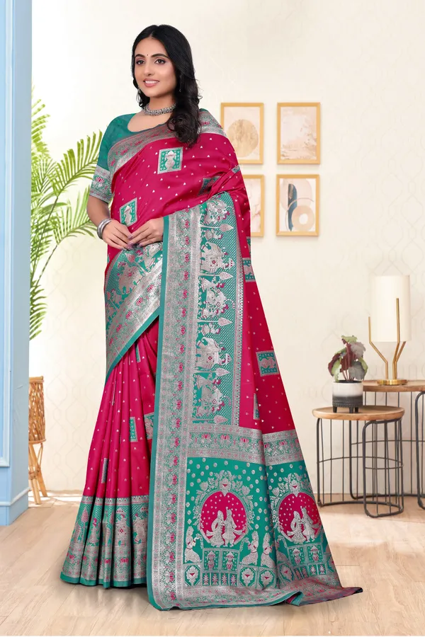 Traditional_Banarasi_Silk_Saree_With_Woven_Border_And_Pallu_-_Magenta_And_Teal_Green