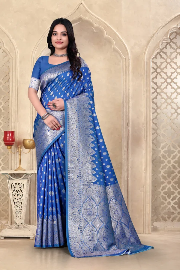 Blue_Banarasi_Silk_Saree_With_Silver_Zari_Work