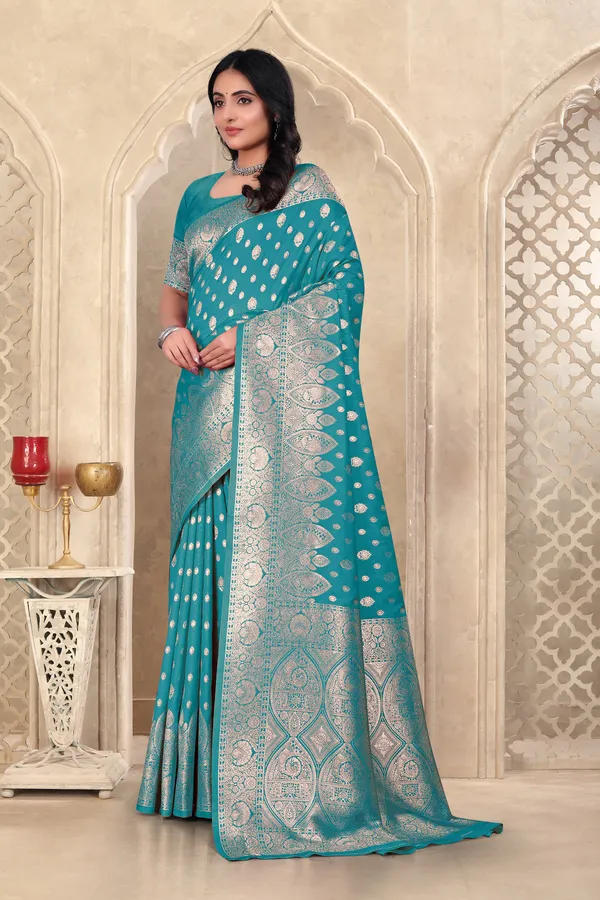 Teal_Blue_Banarasi_Silk_Saree_With_Silver_Zari_Work