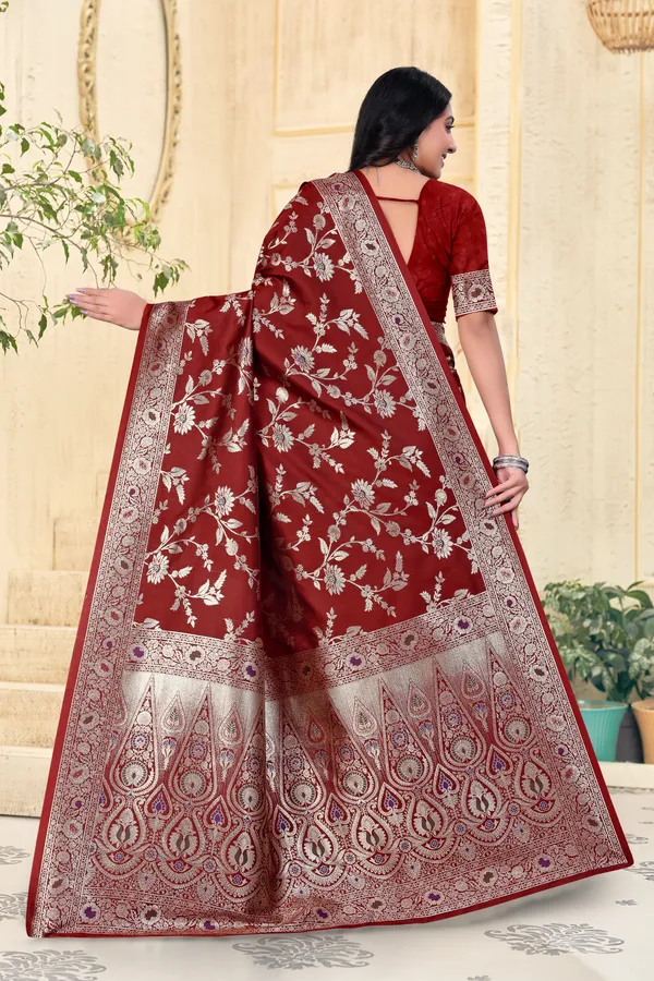 Maroon_Banarasi_Silk_Saree_With_Silver_Zari_Work_And_Embroidered_Blouse