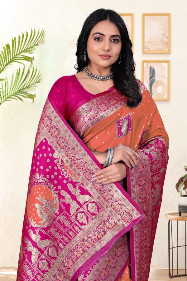 Orange_And_Pink_Banarasi_Silk_Saree_With_Zari_Work