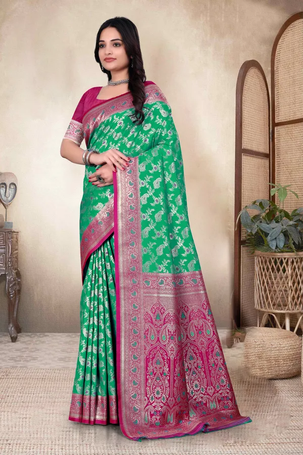Green_Banarasi_Silk_Saree_With_Pink_Zari_Border_And_Floral_Weaving