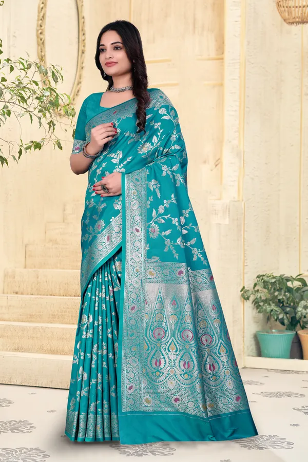 Turquoise_Blue_Banarasi_Silk_Saree_With_Silver_Zari_Work