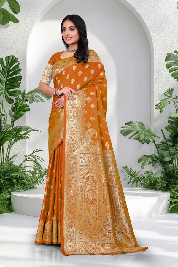 Mustard_Orange_Banarasi_Silk_Saree_With_Golden_Zari_Work