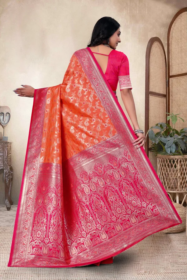 Peach_Orange_Banarasi_Silk_Saree_With_Pink_Zari_Border