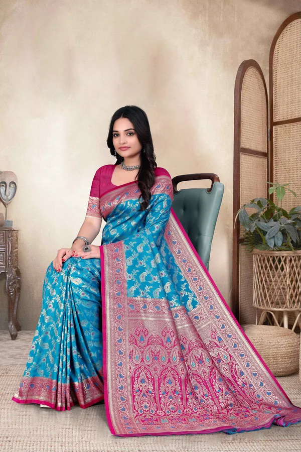 Blue_Banarasi_Silk_Saree_With_Pink_Border_And_Intricate_Weaving