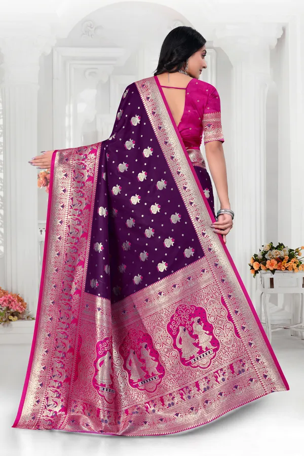 Purple_Banarasi_Silk_Saree_With_Pink_Zari_Border_And_Woven_Motifs