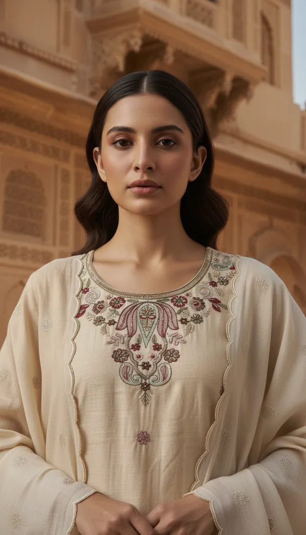 Aumira_Women's_Chanderi_Cream_Beads_Embroidery_Kurta_set_with_dupatta