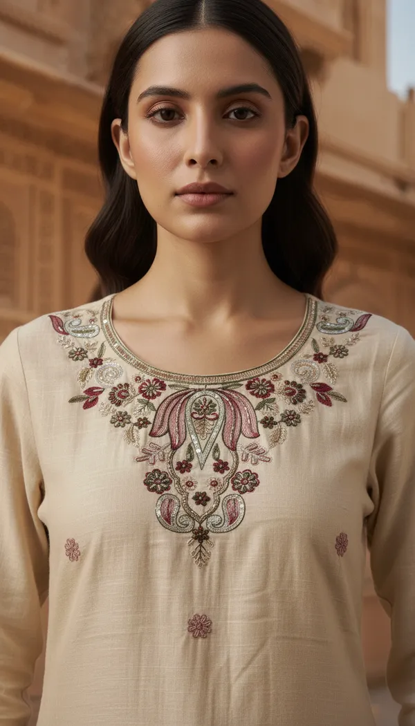 Aumira_Women's_Chanderi_Cream_Beads_Embroidery_Kurta_set_with_dupatta