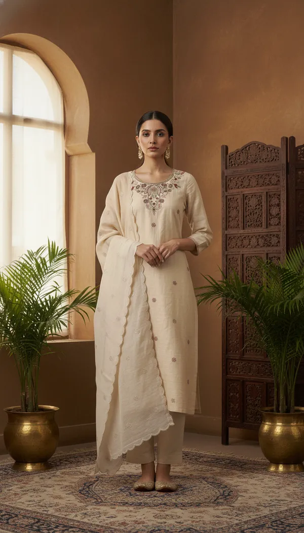 Aumira_Women's_Chanderi_Cream_Beads_Embroidery_Kurta_set_with_dupatta