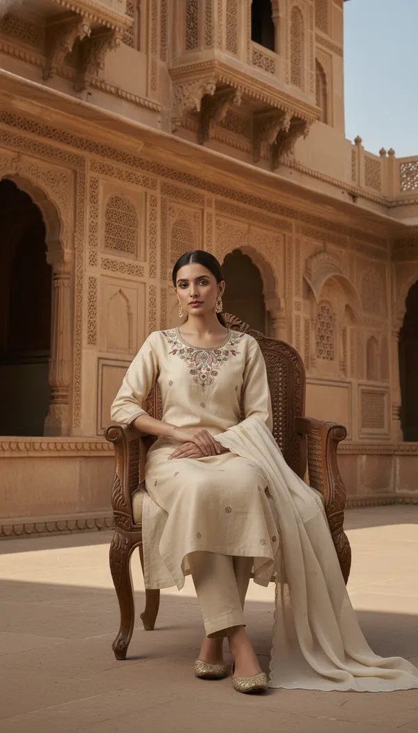 Aumira_Women's_Chanderi_Cream_Beads_Embroidery_Kurta_set_with_dupatta