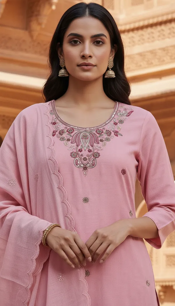 Aumira_Women's_Pink_chanderi_beads_embroidery_kurta_set_with_dupatta