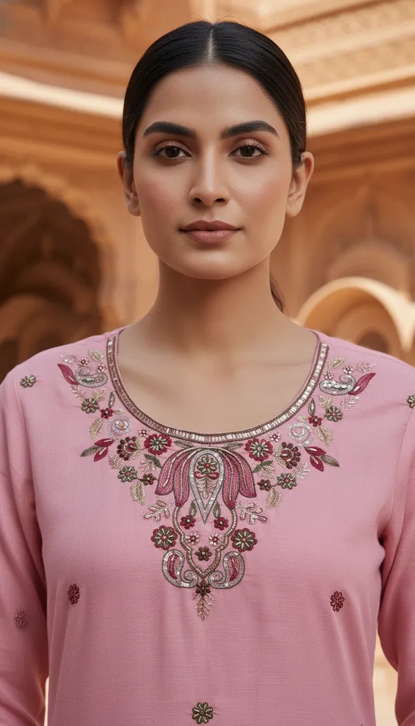 Aumira_Women's_Pink_chanderi_beads_embroidery_kurta_set_with_dupatta