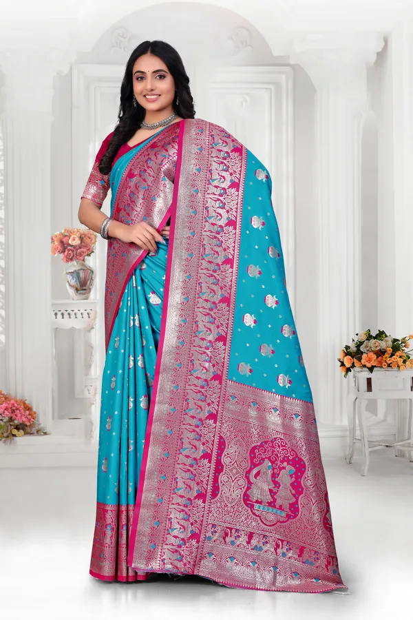 Banarasi_Silk_Saree_With_Zari_Weaving_-_Turquoise_Blue_And_Pink