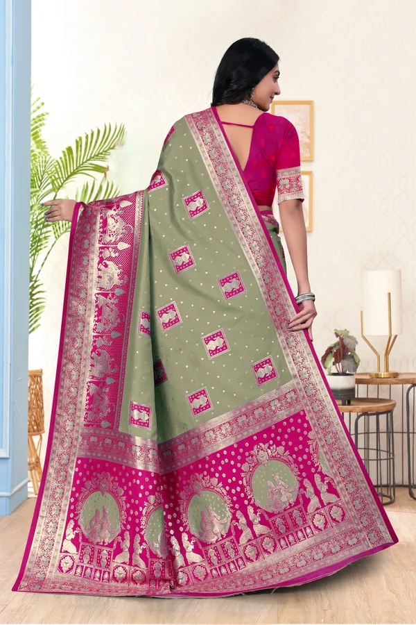 Banarasi_Silk_Saree_With_Woven_Zari_Work_-_Pista_Green_And_Magenta_Pink