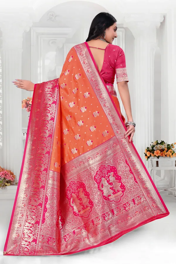 Orange_And_Pink_Banarasi_Silk_Saree_With_Zari_Work