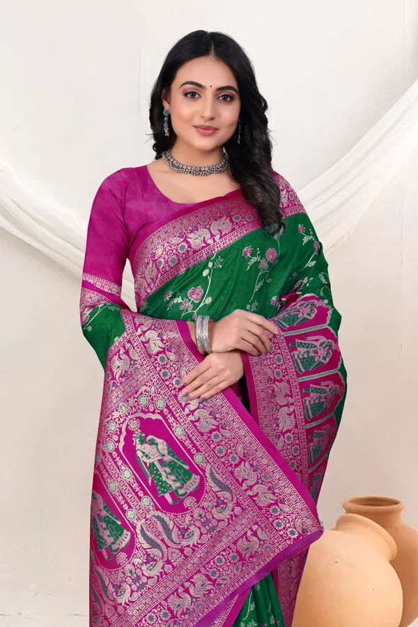 Green_Banarasi_Silk_Saree_With_Pink_Zari_Border