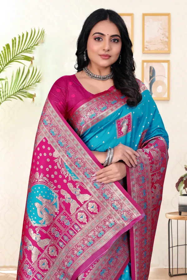 Banarasi_Silk_Saree_In_Sky_Blue_And_Magenta_Pink_With_Traditional_Weaving