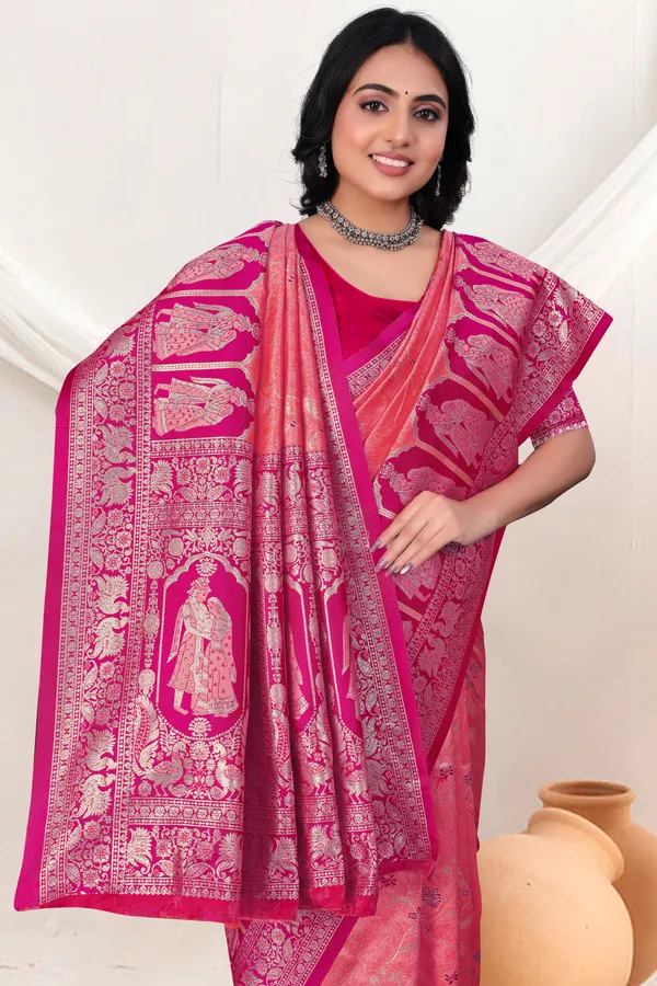 Orange_And_Pink_Banarasi_Silk_Saree_With_Silver_Zari_Work