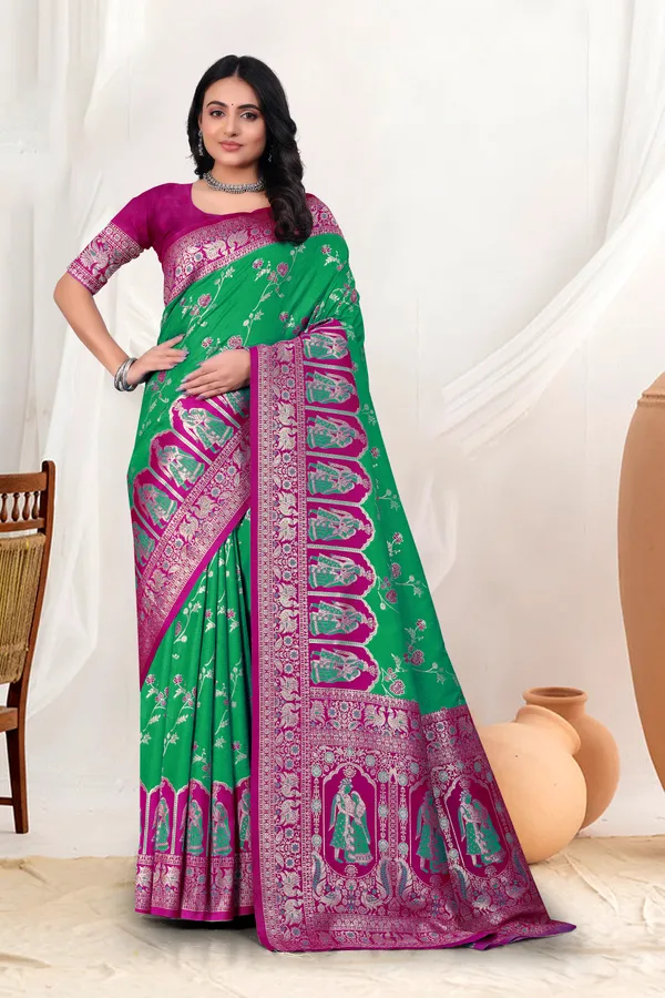 Green_Banarasi_Silk_Saree_With_Pink_Zari_Border