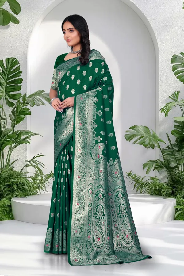 Green_Banarasi_Silk_Saree_With_Silver_Zari_Work