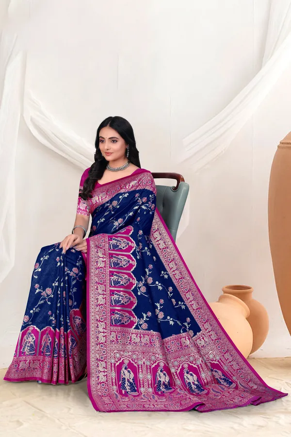 Navy_Blue_Banarasi_Silk_Saree_With_Pink_Zari_Border