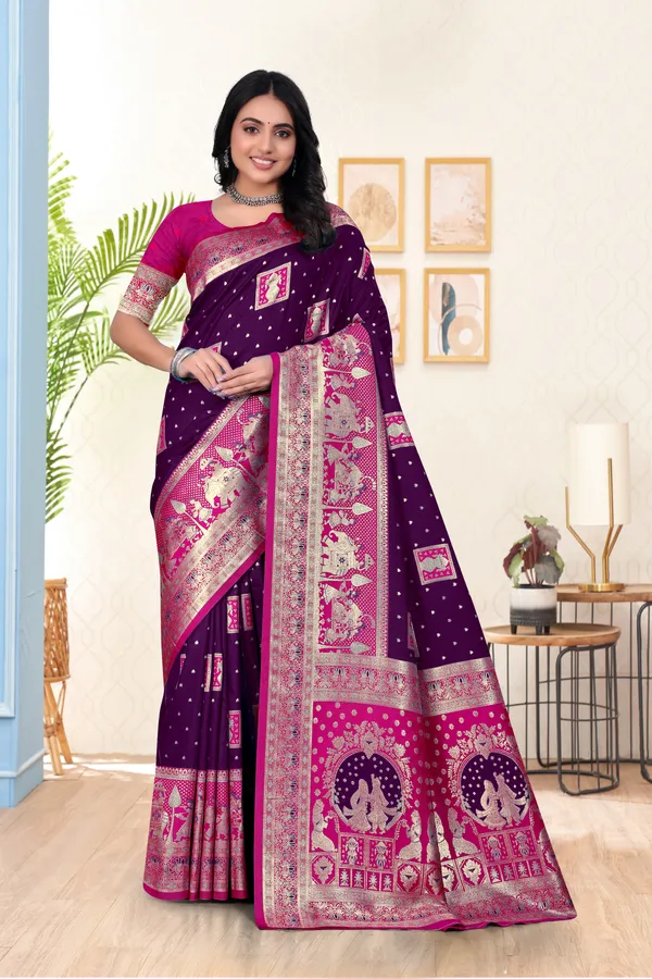 Purple_Banarasi_Silk_Saree_With_Pink_Border_And_Zari_Work