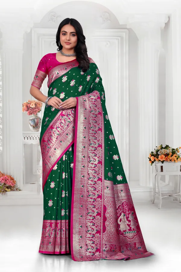 Green_Banarasi_Silk_Saree_With_Pink_Zari_Border_And_Peacock_Motifs
