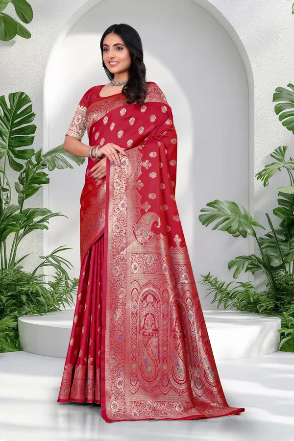 Red_Banarasi_Silk_Saree_With_Golden_Brocade_Work_And_Designer_Blouse