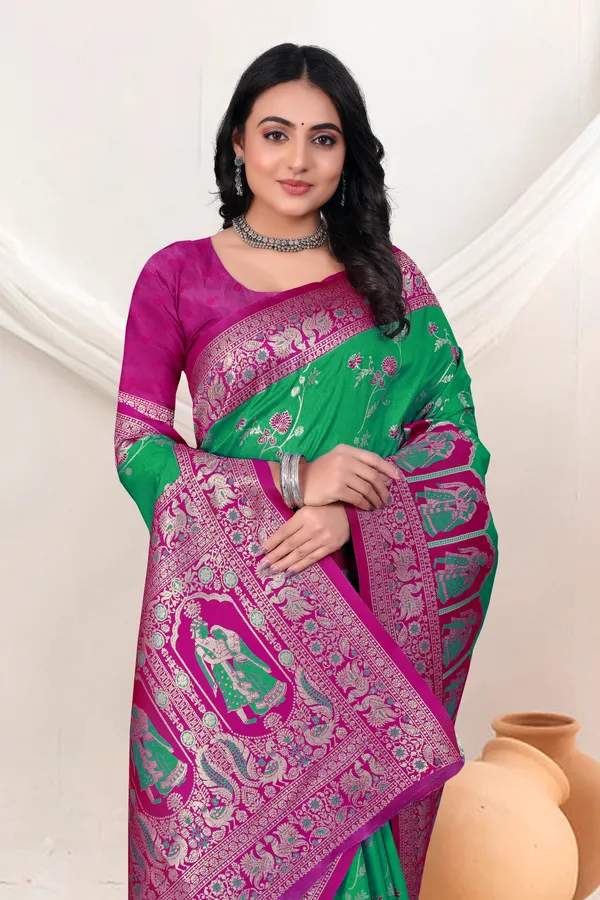 Green_Banarasi_Silk_Saree_With_Pink_Zari_Border