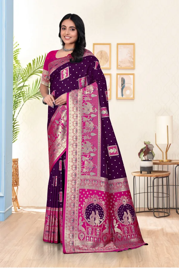 Purple_Banarasi_Silk_Saree_With_Pink_Border_And_Zari_Work