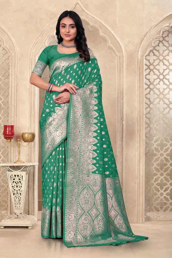 Green_Banarasi_Silk_Saree_With_Silver_Zari_Work