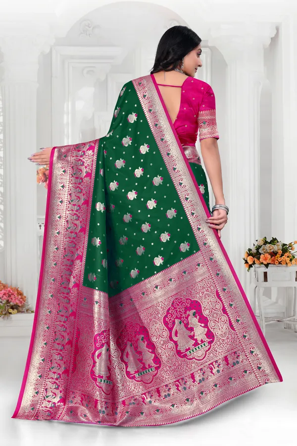 Green_Banarasi_Silk_Saree_With_Pink_Zari_Border_And_Peacock_Motifs