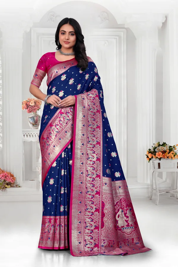Navy_Blue_And_Pink_Banarasi_Silk_Saree_With_Zari_Work