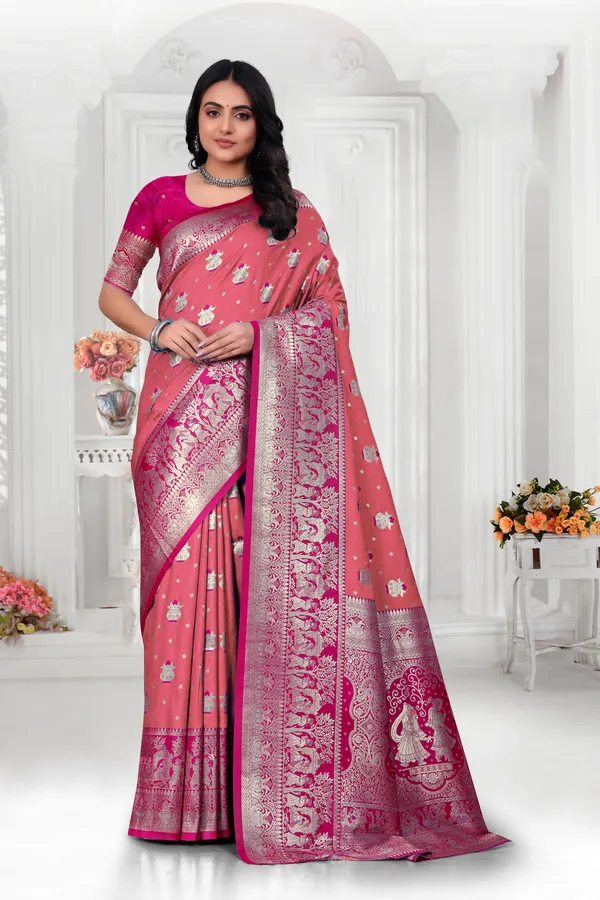 Pink_Banarasi_Silk_Saree_With_Silver_Zari_Work
