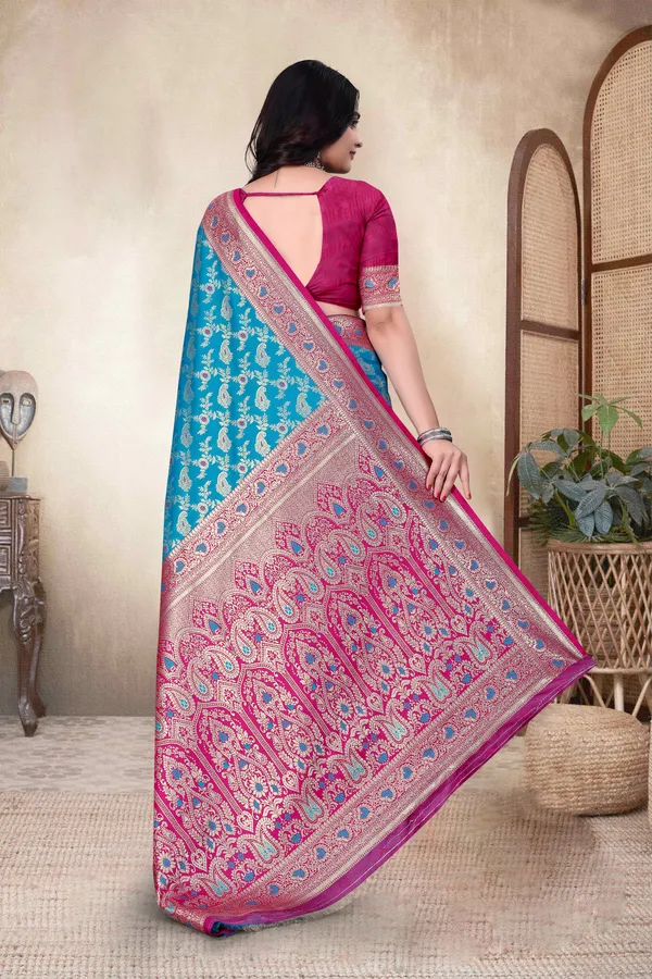 Blue_Banarasi_Silk_Saree_With_Pink_Border_And_Intricate_Weaving