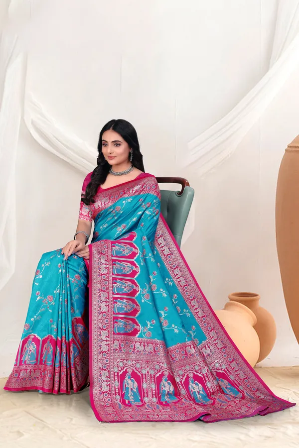 Banarasi_Silk_Saree_With_Zari_Weaving_In_Grey_And_Blue_And_Pink