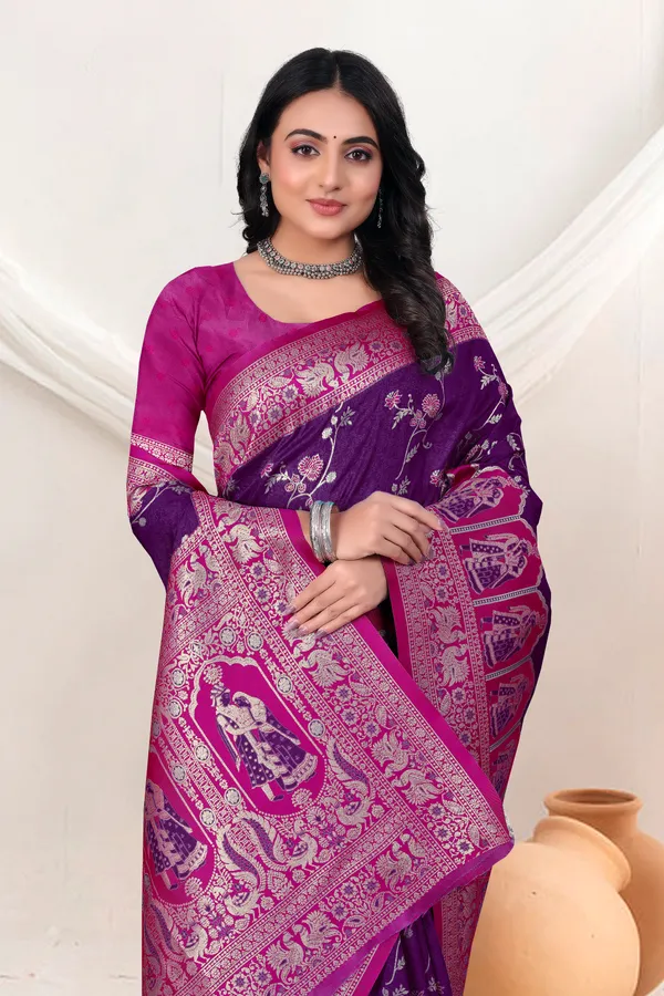 Navy_Blue_Banarasi_Silk_Saree_With_Pink_Zari_Border