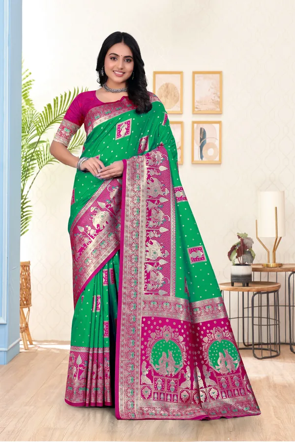 Green_Banarasi_Silk_Saree_With_Pink_Zari_Border_And_Peacock_Motifs