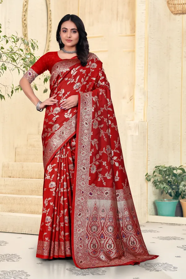 Red_Banarasi_Silk_Saree_With_Silver_Zari_Work