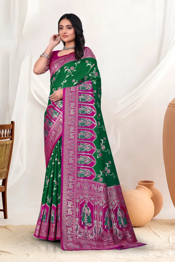 Green_Banarasi_Silk_Saree_With_Pink_Zari_Border