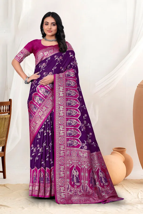Navy_Blue_Banarasi_Silk_Saree_With_Pink_Zari_Border