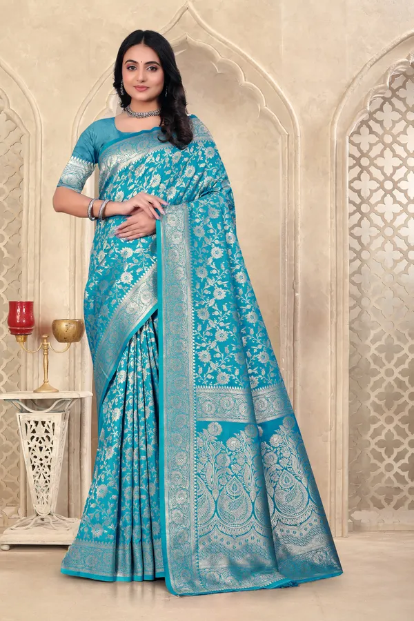 Turquoise_Blue_Banarasi_Silk_Saree_With_Silver_Zari_Work