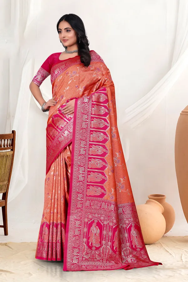 Orange_And_Pink_Banarasi_Silk_Saree_With_Silver_Zari_Work