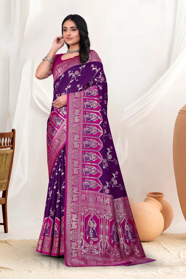 Navy_Blue_Banarasi_Silk_Saree_With_Pink_Zari_Border